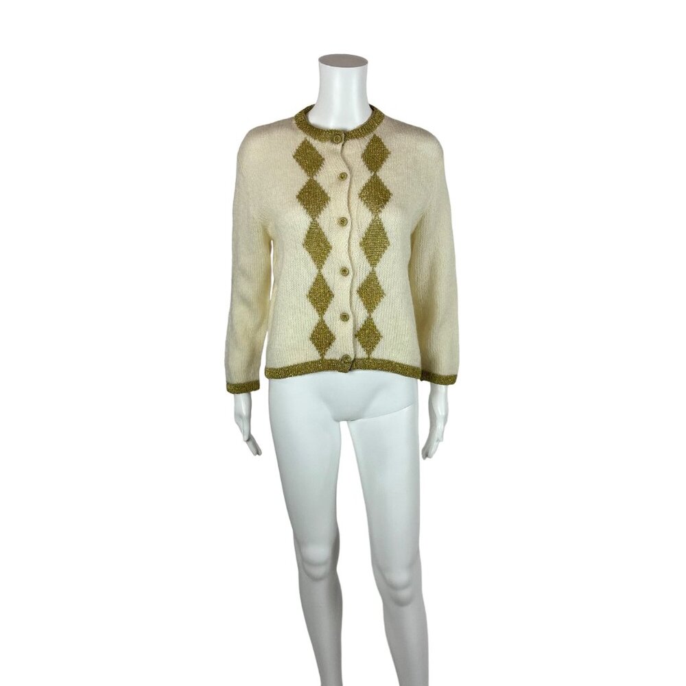 Vintage 80s Metallic Cardigan Women's Large Gold Harlequin Diamonds Sweater - Picture 8 of 8